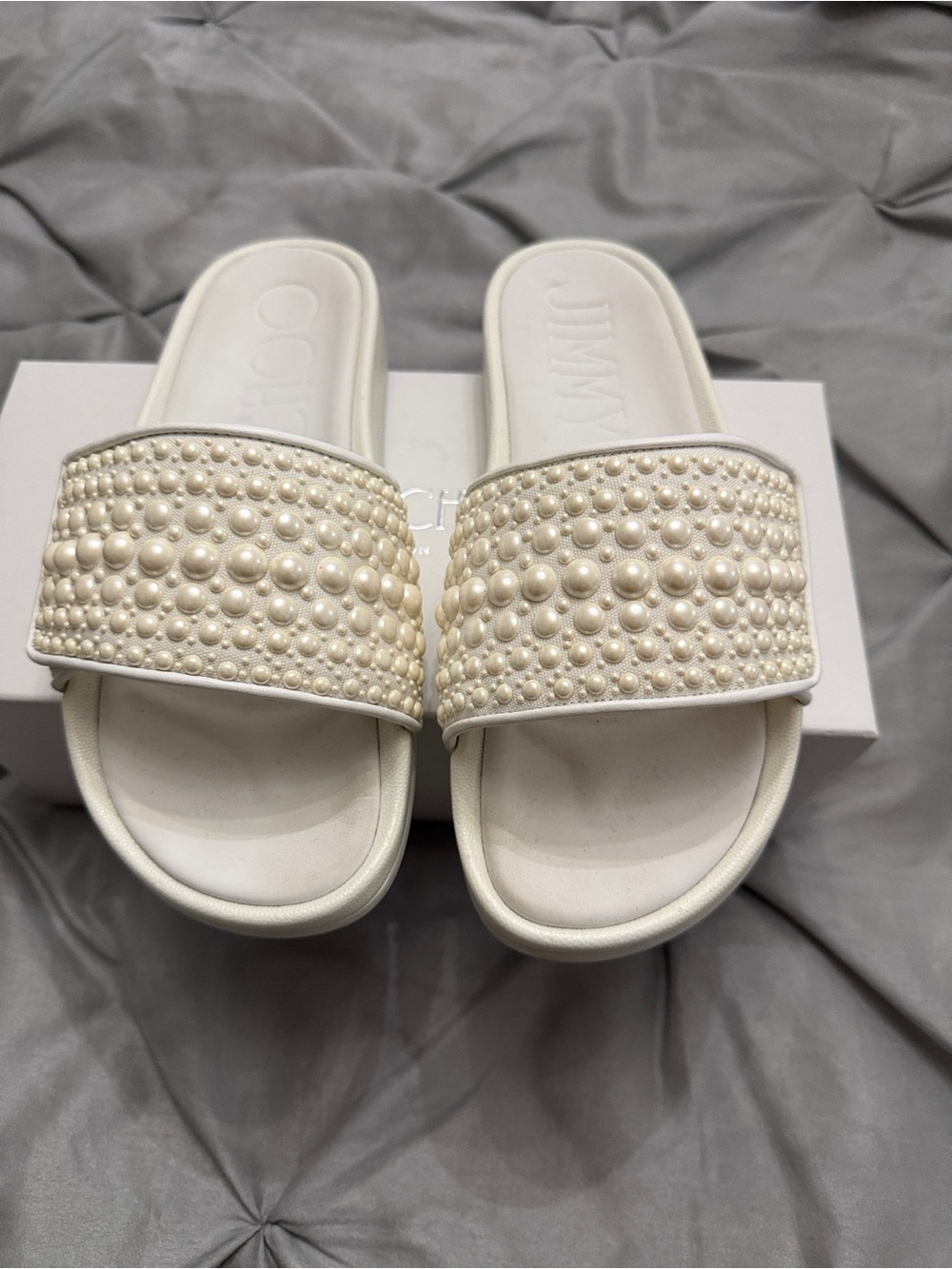 Jimmy Choo Ivory Pearl-Embellished Slide Sandals - Picture 2 of 8